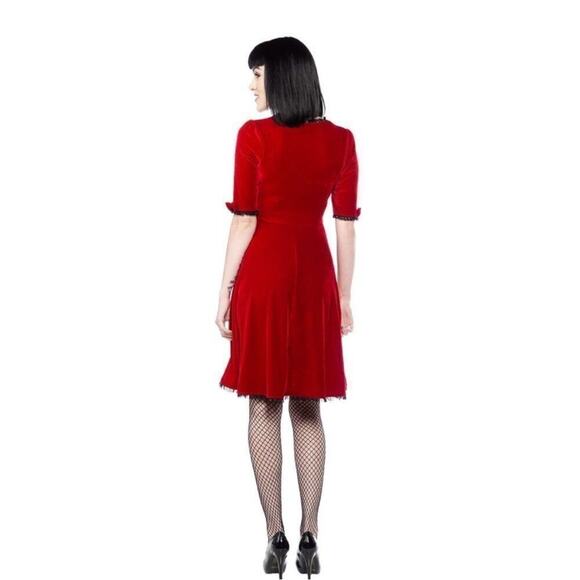 Sourpuss Velvet Vivienne Pinup Dress Women's Size M Med Mini Lace Trim 1245 vamp - Picture 2 of 14